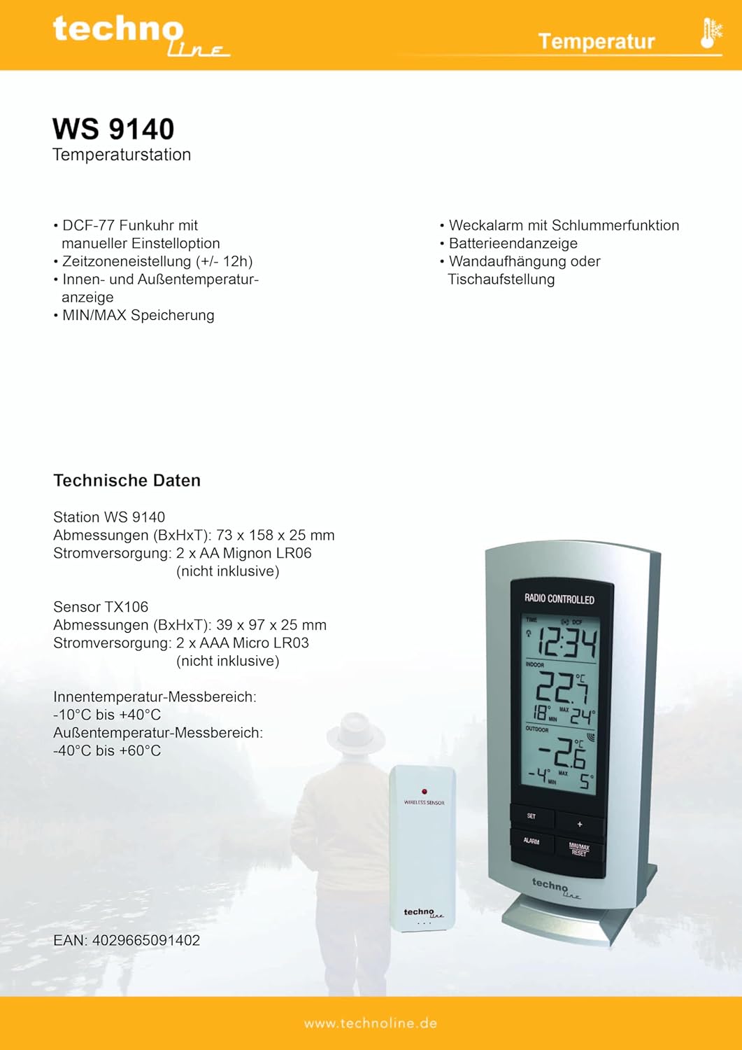 Technoline WS 9140 klassische Wetterstation mit Funkuhr, Innen- und Aussentemperaturanzeige, silber,