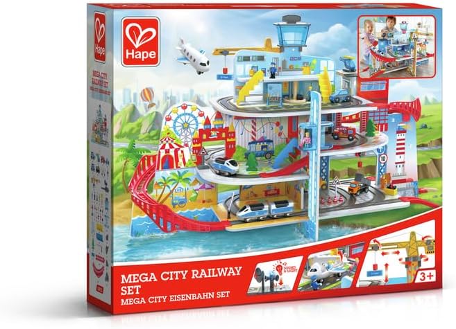 Hape Mega City Eisenbahn Set mit fünf Stockwerken und jeder Menge Zubehör