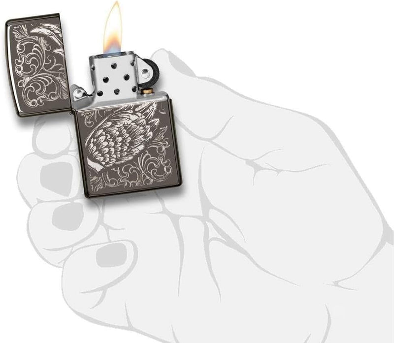 Zippo - Filigree Flame and Wings, Black Ice - Sturmfeuerzeug, befüllbar, in hochwertiger Geschenkbox