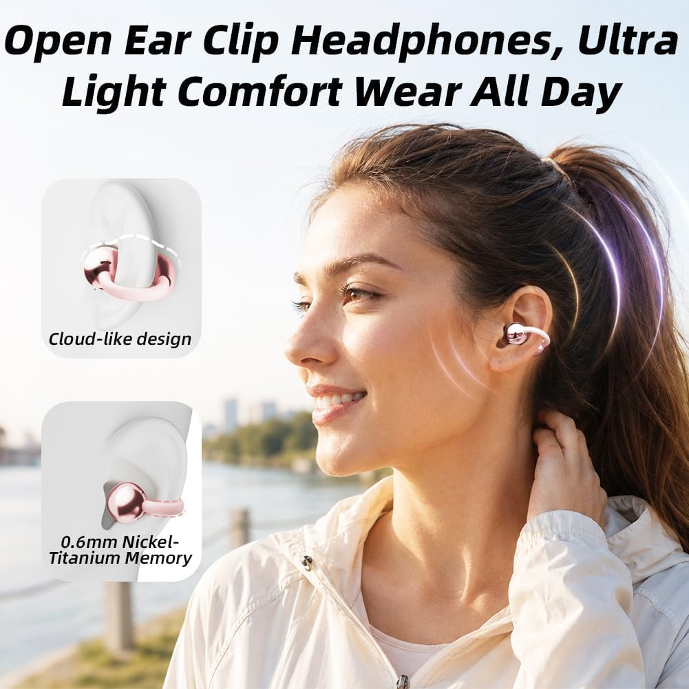 Open Ear Kopfhörer Bluetooth Kabellos, Clip-On Ohrhörer mit Bluetooth 6.0, Ladecase mit LED Kosmetik