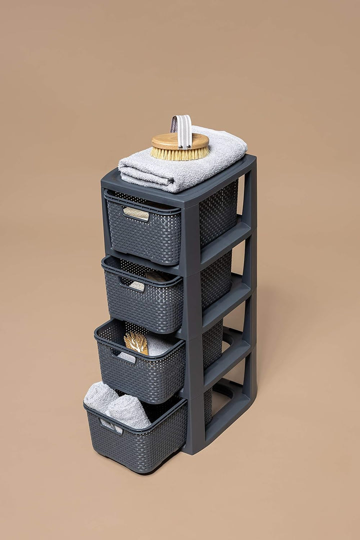 BranQ - Home essential Regal in Rattan Design, Kunststoff PP, Creme, 29,5 x 24 x 64,2 cm 4 Körben Cr