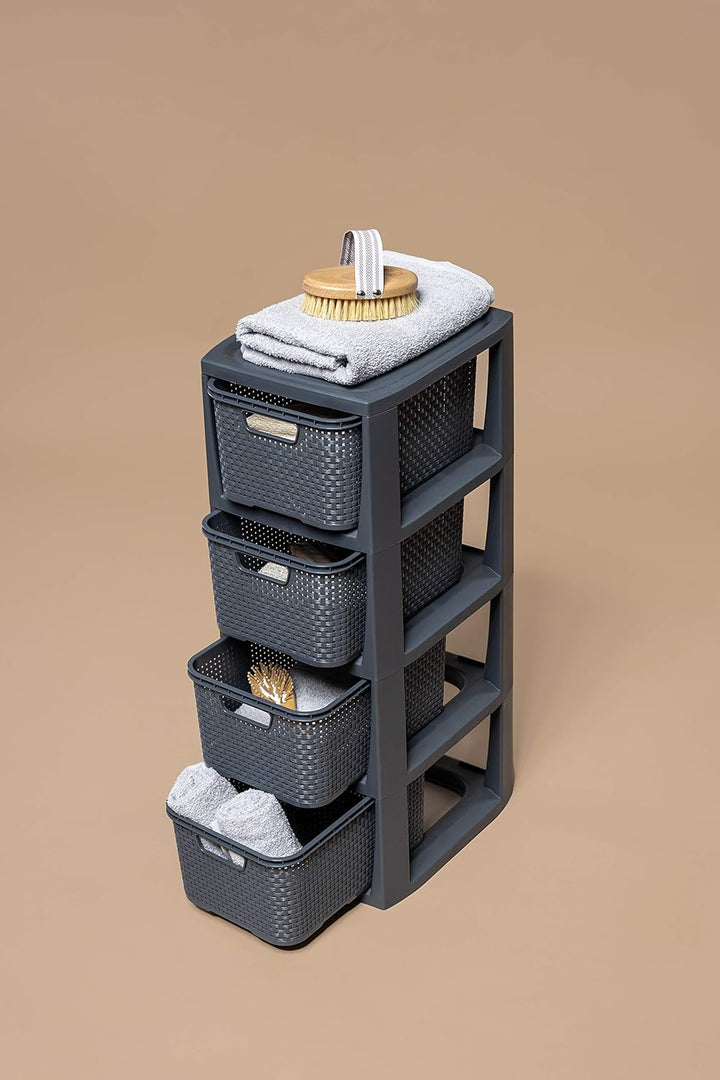 BranQ - Home essential Regal in Rattan Design, Kunststoff PP, Creme, 29,5 x 24 x 64,2 cm 4 Körben Cr