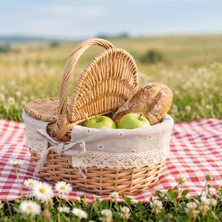 Picknickkorb mit Deckel, Kleiner Weidenkorb mit henkel und Liner | 25 x 18 x 13 cm, Einkaufskorb Gef