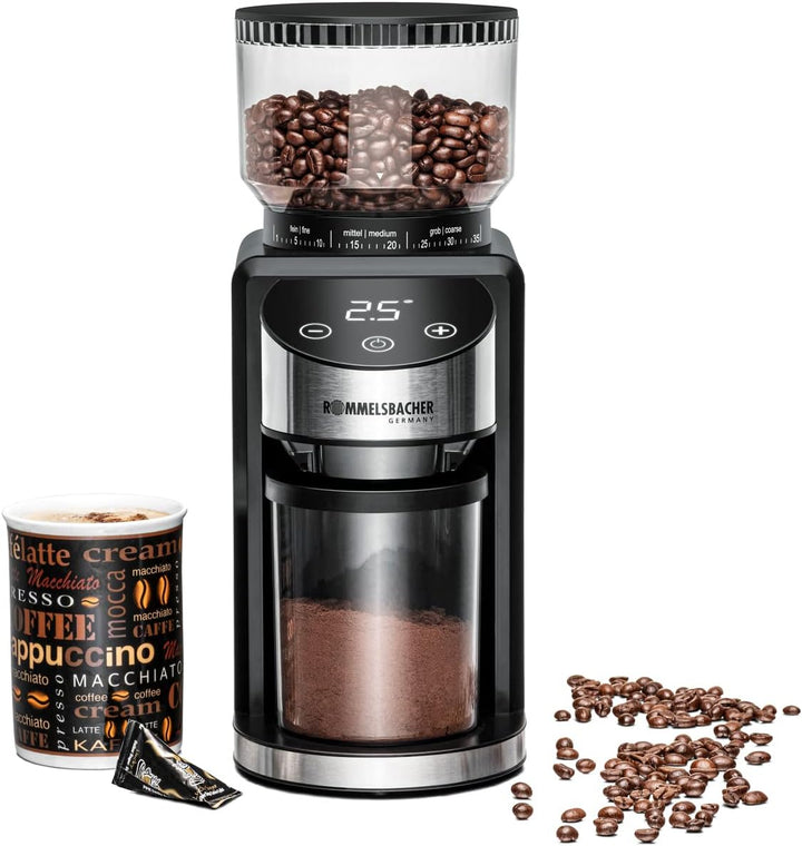 ROMMELSBACHER Kaffeemühle EKM 400 - Kegelmahlwerk, Antistatik-Funktion, 12 Portionen, Halterung für