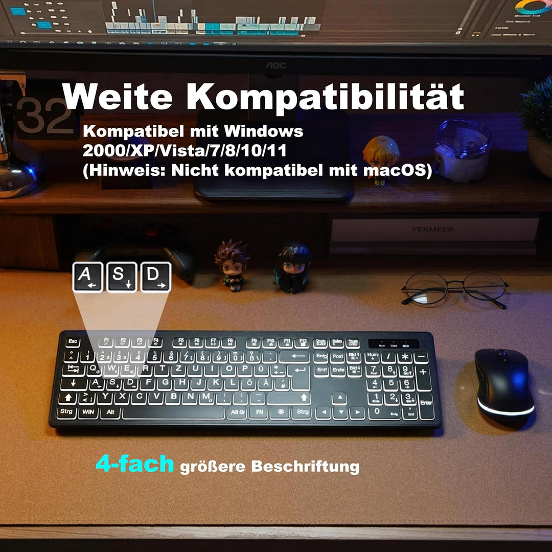 2,4-GHz Kabellose Beleuchtete Tastatur &amp; Maus Set, QWERTZ | 3 Helligkeitsstufen, Sanfte weisse Hinte