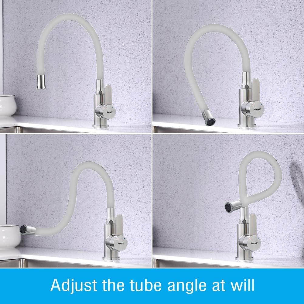 Ibergrif, Einhebel Küchenarmatur, Wasserhahn für Küche mit Weiss Flexibler Auslauf, Supersteel, Weis