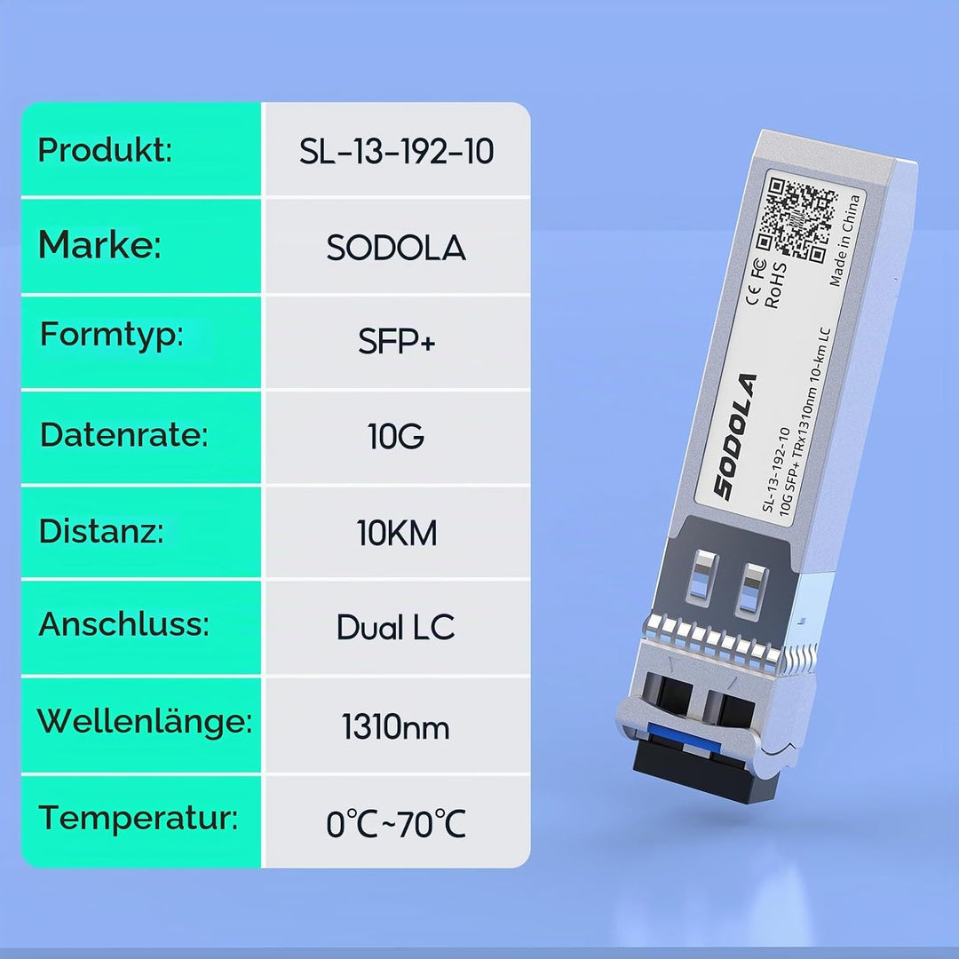 Sodola 10GBase-LR SFP+ Transceiver, 10G 1310nm SMF, bis zu 10 km, Kompatibel mit Cisco SFP-10G-LR, M