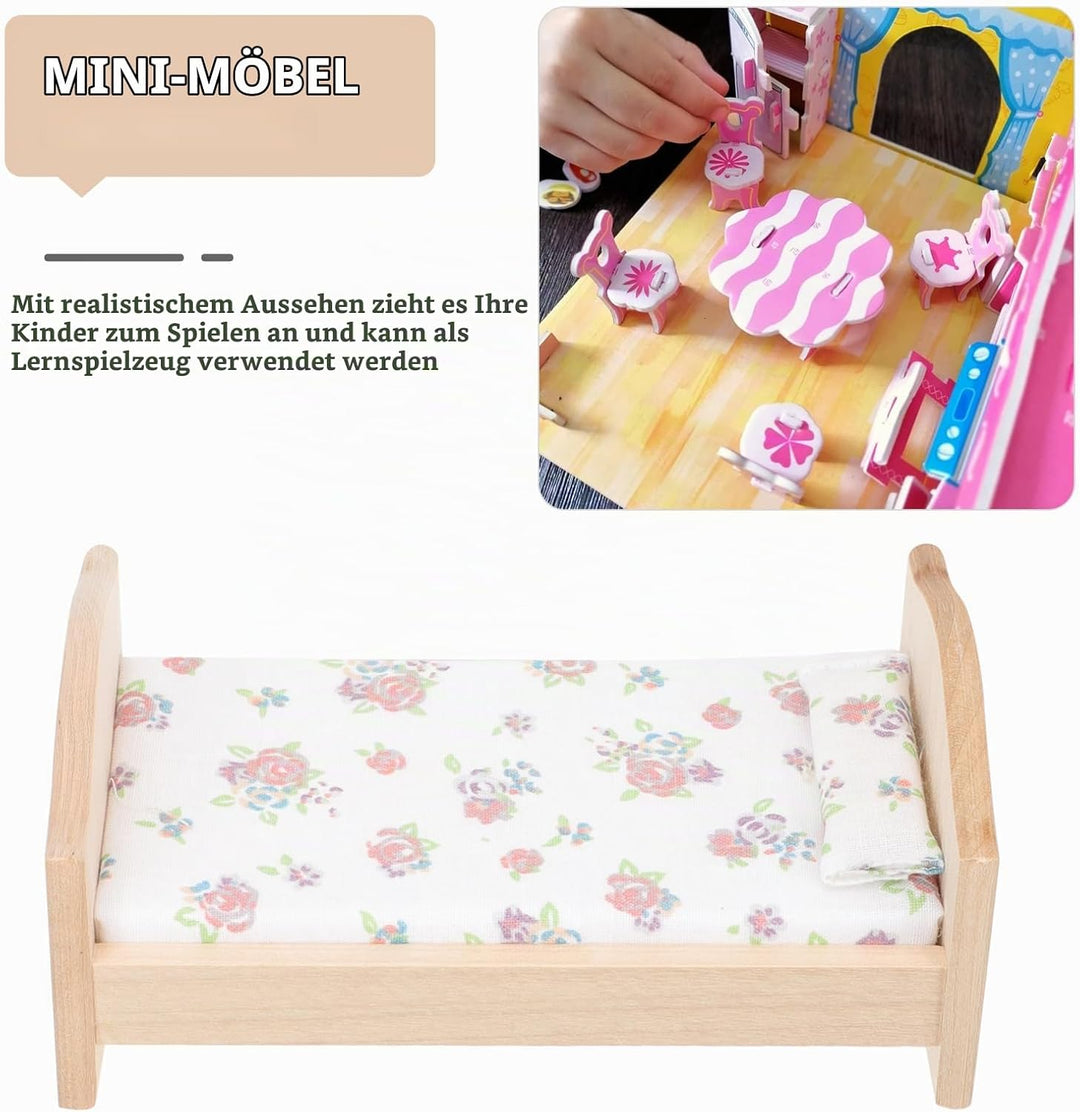 Abaodam Mini Hausmöbel Puppenbett Holz 1:12 Miniaturbett Mit Baumwollbettwäsche Und Kissen Spielzeug