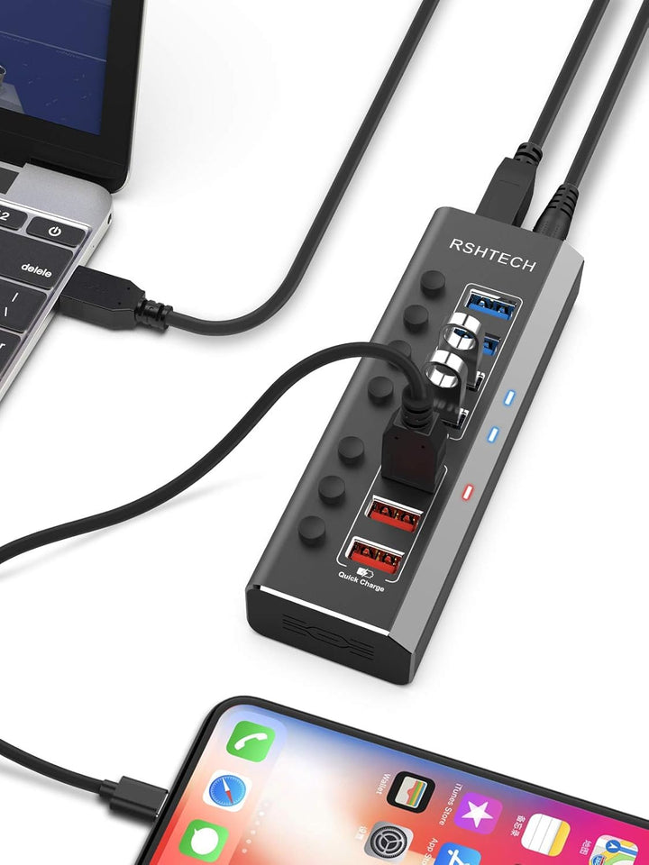 RSHTECH Aluminium USB Hub Aktiv 3.0 mit 36W Netzteil, mit 3*Schnellladeanschluss, 4*USB 3.0 Datenans