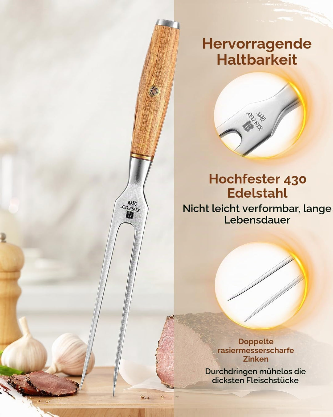 XINZUO 29.7cm Fleischgabel Tranchiergabel 430 Edelstahl, Serviergabel Steakgabel professioneller mul