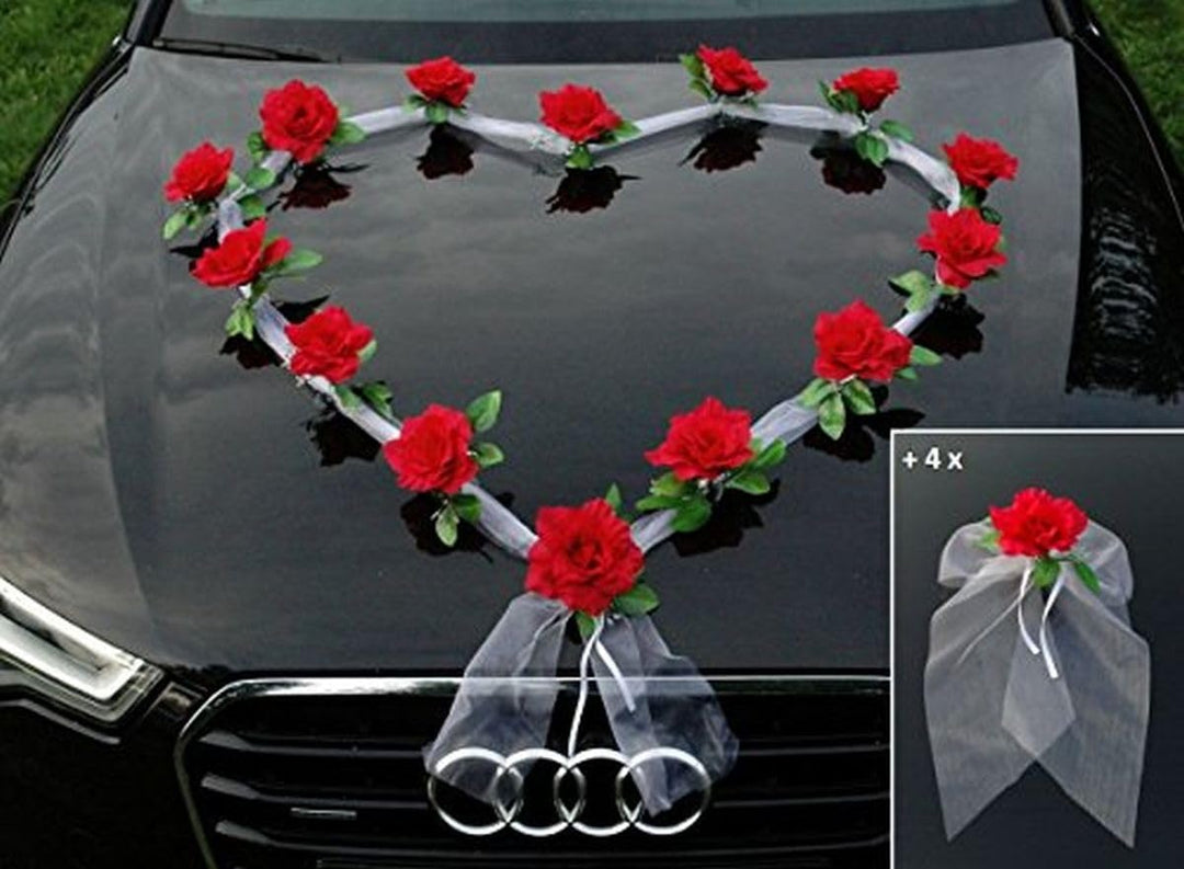 Organza Herz Auto Schmuck Braut Paar Rose Deko Dekoration Autoschmuck Hochzeit Car Auto Wedding Deko