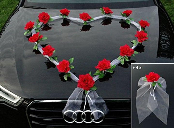 Organza Herz Auto Schmuck Braut Paar Rose Deko Dekoration Autoschmuck Hochzeit Car Auto Wedding Deko