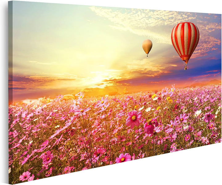 islandburner Bild auf Leinwand Landschaft Kosmosblumenfeld Und Heissluftballon Bei Sonnenuntergang V