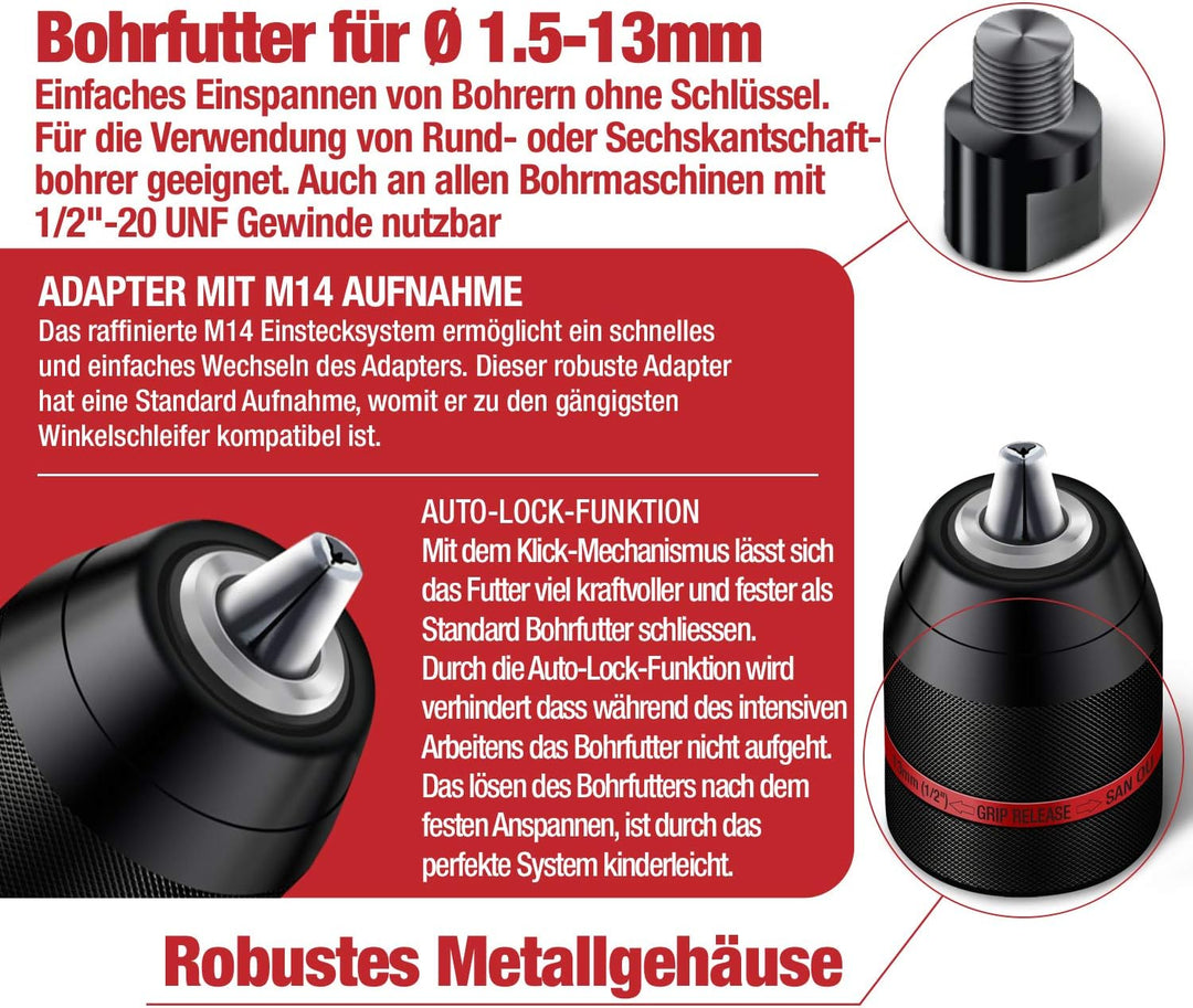 SCHWABENBACH ® 1,5-13mm Schnellspannbohrfutter 1/2-20UNF inkl. M14 Adapter für Winkelschleifer - Sch