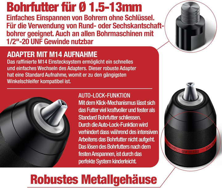SCHWABENBACH ® 1,5-13mm Schnellspannbohrfutter 1/2-20UNF inkl. M14 Adapter für Winkelschleifer - Sch