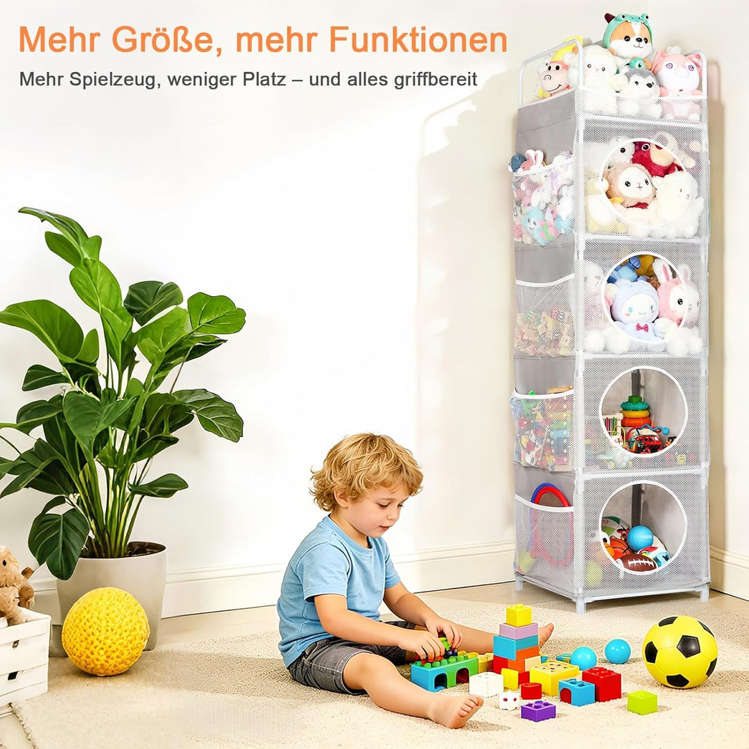 Aufbewahrung Kuscheltiere, 42x42x162cm Stofftier Aufbewahrung, 5 Etagen &amp; 8 Netztaschen Spielzeug Au