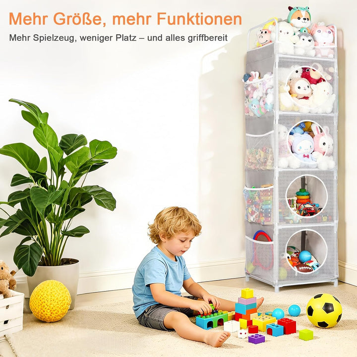 Aufbewahrung Kuscheltiere, 42x42x162cm Stofftier Aufbewahrung, 5 Etagen &amp; 8 Netztaschen Spielzeug Au
