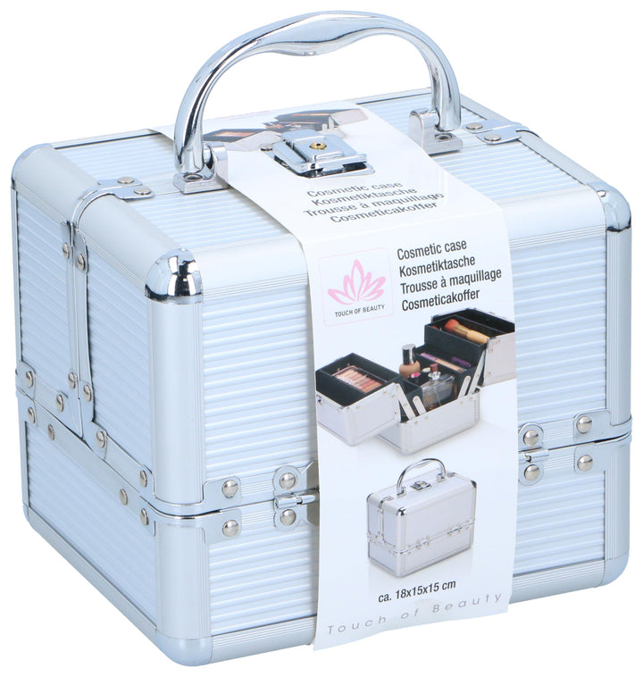 Make-up Koffer Silber - Kosmetik Organizer - mit Griff und Schlüsselschloss - 18 x 15 x 15 cm - Inne