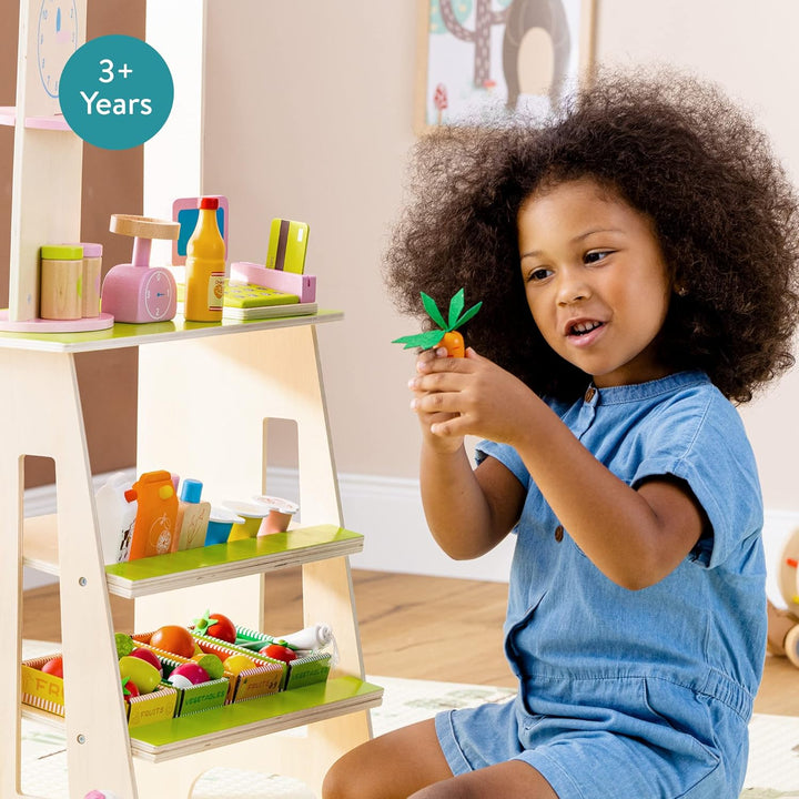 Navaris Holz Supermarkt für Kinder - Spielzeug Kaufladen inkl. Obst Gemüse Lebensmittel aus Holz - V