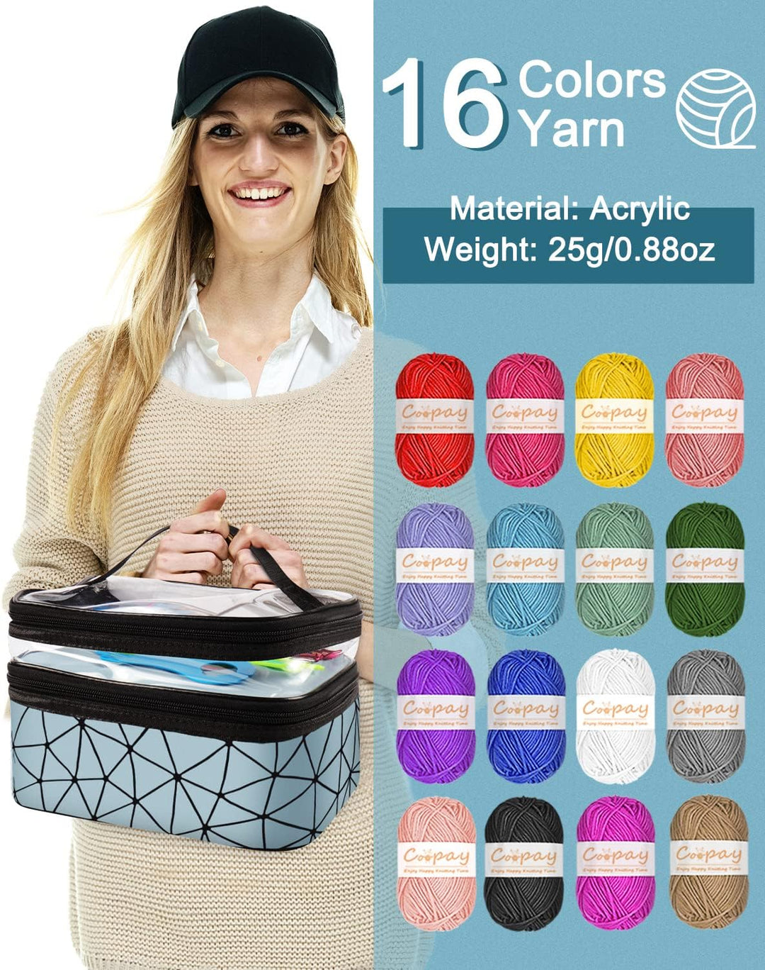 Coopay Häkelset für Anfänger, 71 Stück Häkelnadel Set mit Tasche und Wolle, Prämie Häkel Set mit Str