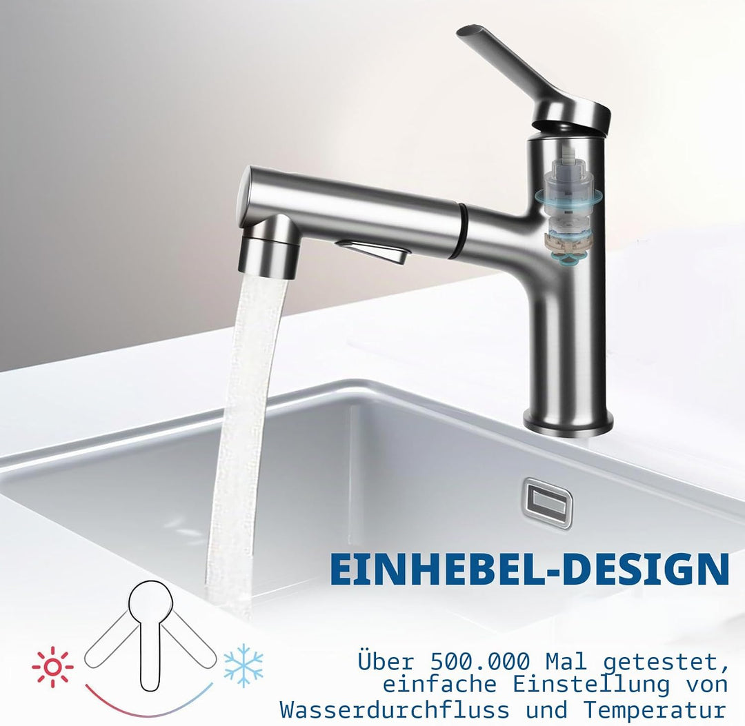 Wasserhahn Bad mit Ausziehbar Brause, Hochdruck Waschtischarmatur Einhebelmischer Mischbatterie mit