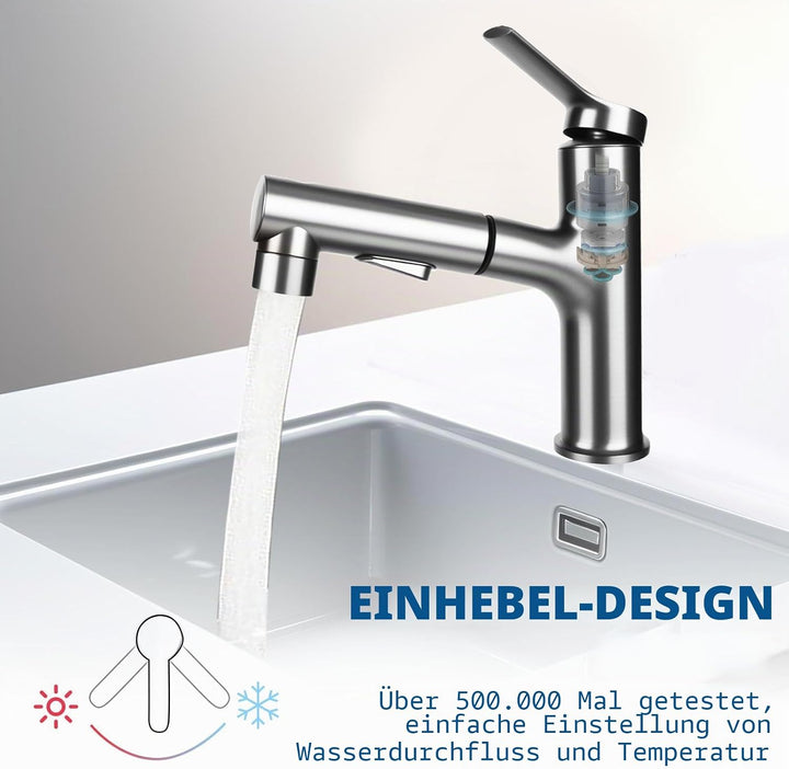Wasserhahn Bad mit Ausziehbar Brause, Hochdruck Waschtischarmatur Einhebelmischer Mischbatterie mit