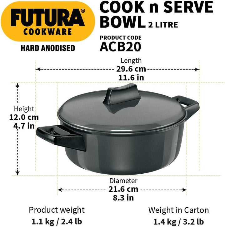 Hawkins/Futura L62 Koch- und Serviertopf harteloxiert, 2 Liter, grau, mittel Medium, Medium