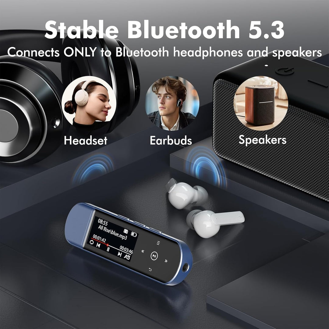 64GB Tragbarer USB MP3 Player mit Bluetooth 5.3, Clip für Sport & Laufen, FM Radio, Voice Recorder,