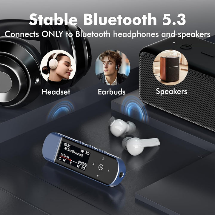 64GB Tragbarer USB MP3 Player mit Bluetooth 5.3, Clip für Sport & Laufen, FM Radio, Voice Recorder,