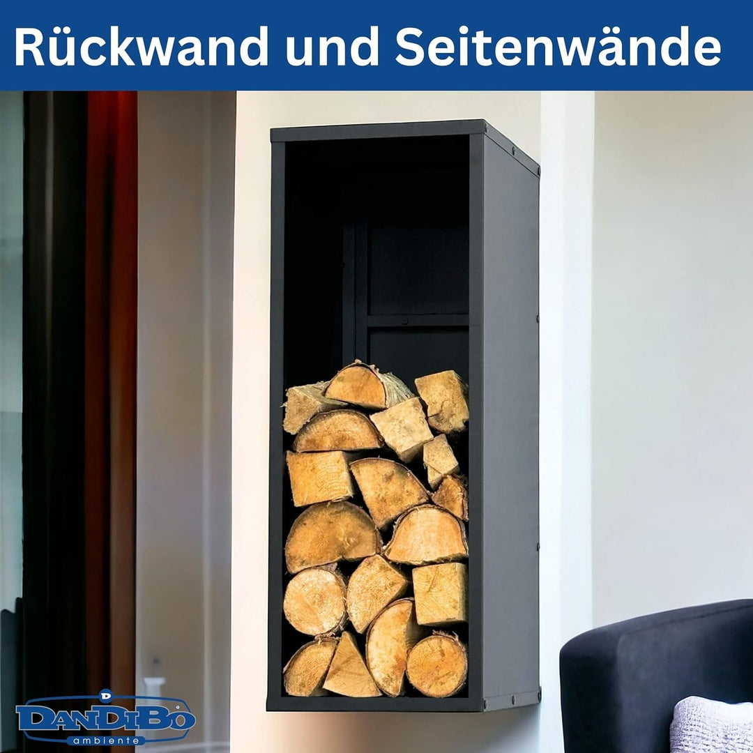 DanDiBo Kaminholzregal Wand Innen Metall Schwarz 80 cm mit Rückwand Wandmontage Hängend Kaminholzstä