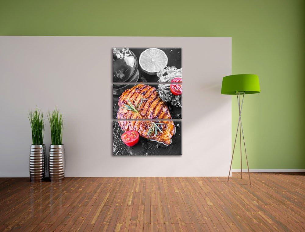 Saftiges Steak mit Tomaten schwarz/weiss 3-Teiler Leinwandbild 120x80 Bild auf Leinwand, XXL riesige
