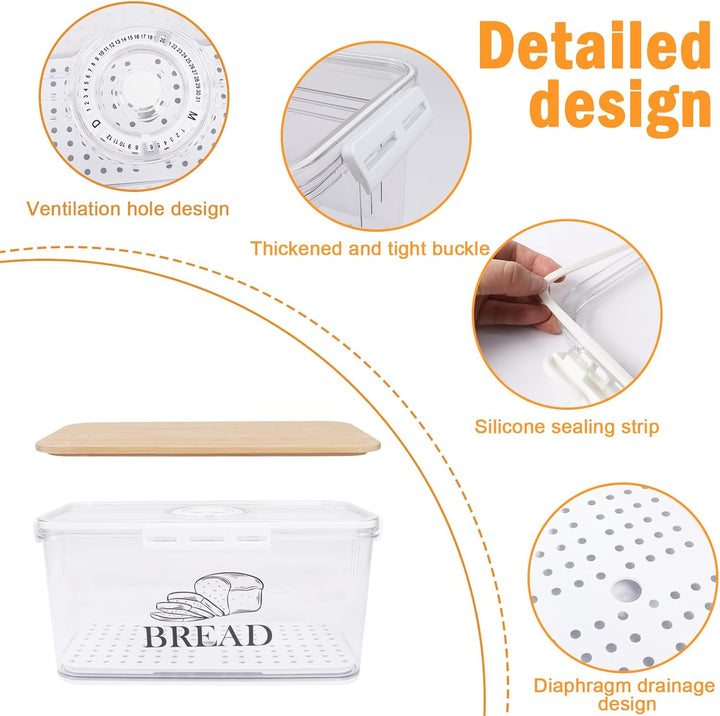 Brotbox Acryl 32 cm, Brotkasten mit Bambusdeckel für Küche Brot | Transparente Brotaufbewahrungsbox
