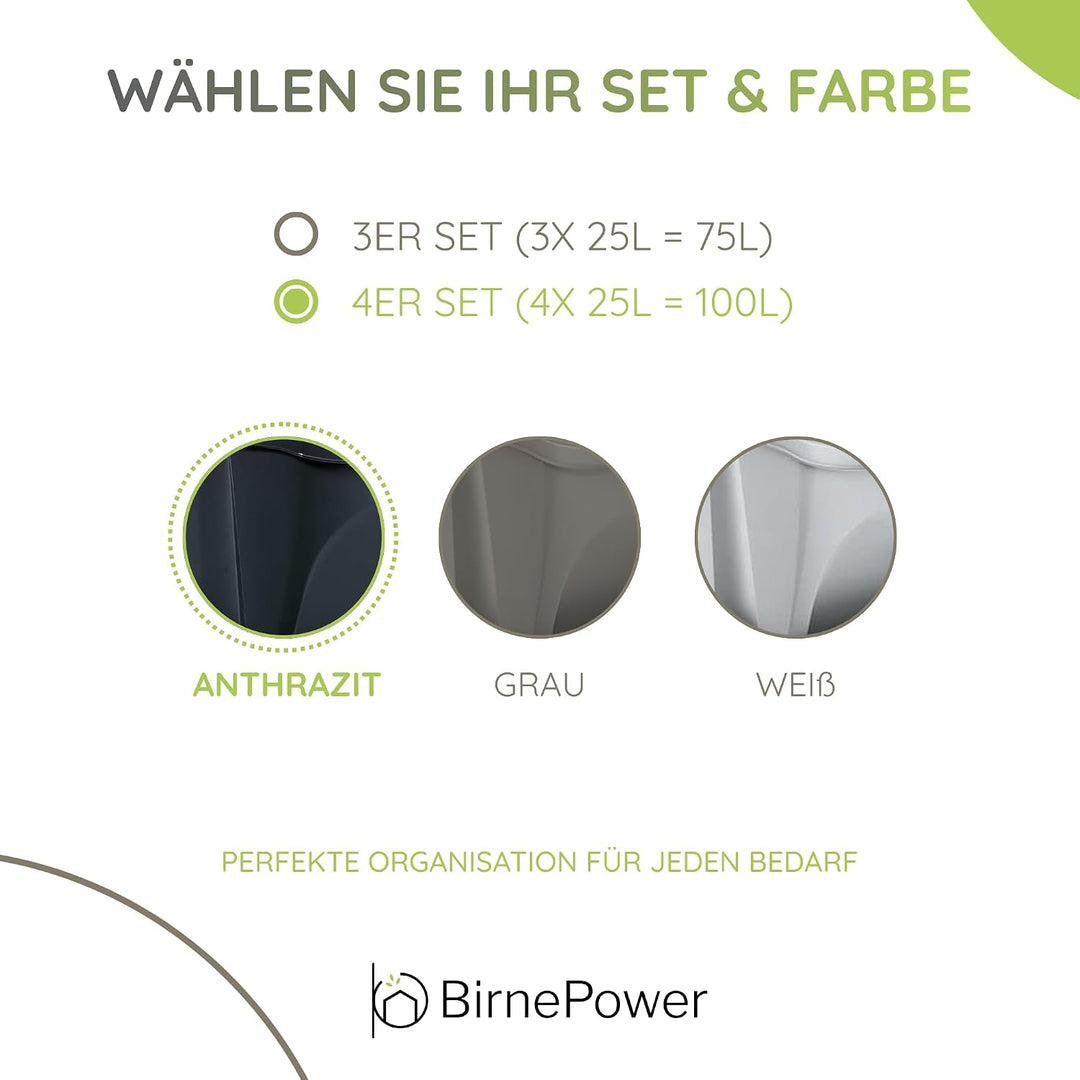 Mülleimer Müllbehälter Abfalleimer 100L Set 4 x 25L Mülltrennsystem Behälter Sorti Box mit Deckel Mü