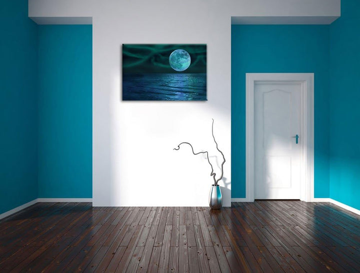 ruhiges Meer mit Vollmond schwarz/weiss Format: 100x70 auf Leinwand, XXL riesige Bilder fertig gerah