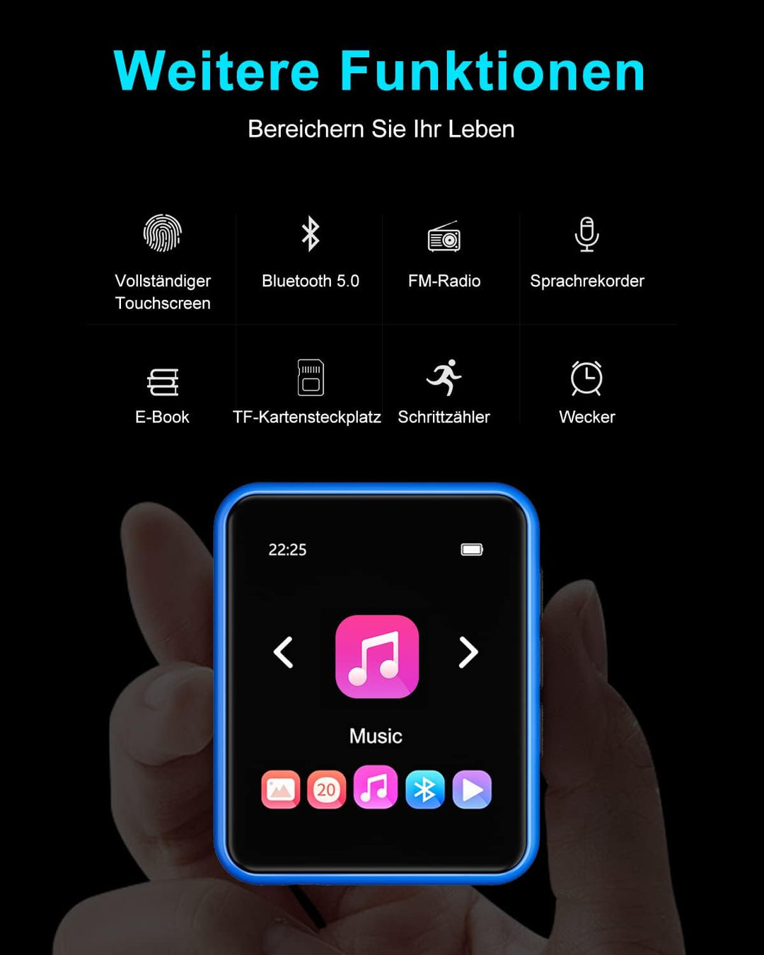 32GB MP3 Player Bluetooth 5.0 mit Voller Touchscreen, Verlustfreier HiFi-Musikplayer mit Metallgehäu