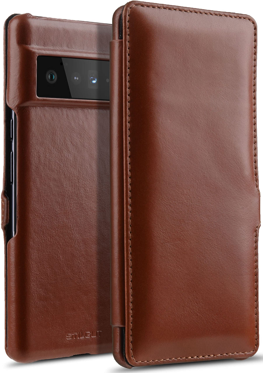 STILGUT Book Case kompatibel mit Google Pixel 6 Pro Hülle aus Leder mit Clip-Verschluss, Lederhülle,