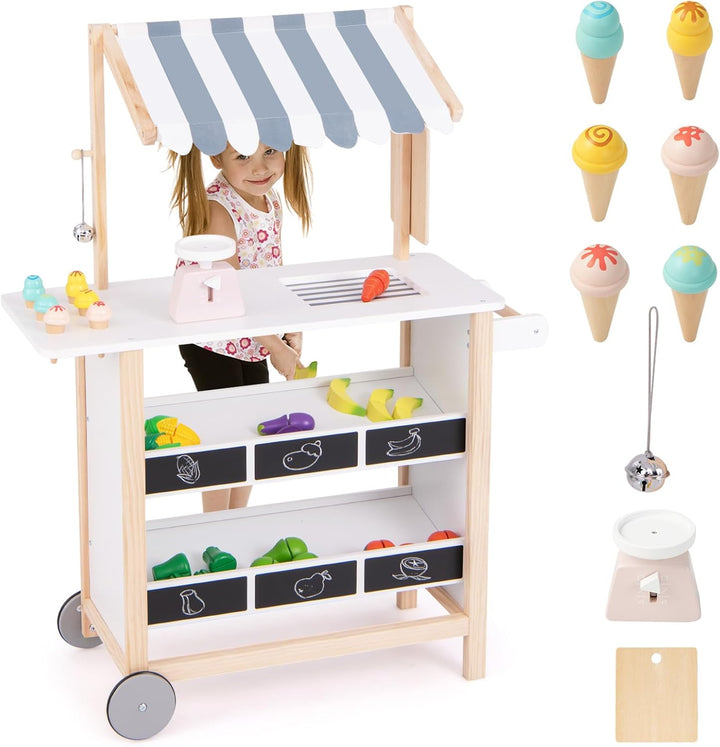 HOMASIS Kinder Eiswagen inkl. Zubehör, Kaufladen mit 6 Spielzeug-Eiscreme, Eisdiele mit beweglichen
