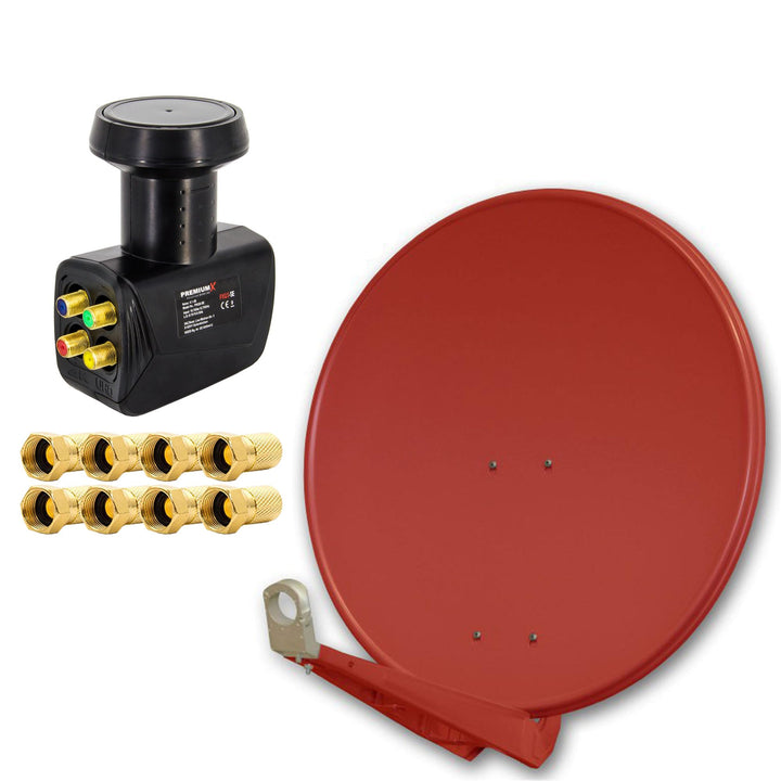 Premium X Deluxe SAT Anlage für 4 Teilnehmer 85cm Satellitenantenne ALU Ziegelrot mit Quad LNB Black