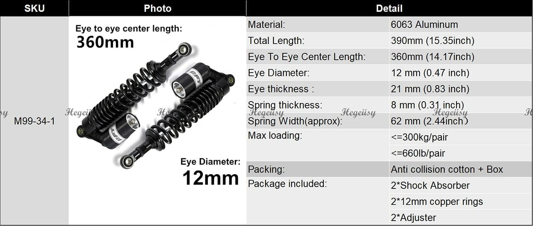 Hegeiisy 360mm 14.17 Zoll 8mm Feder Universal Motorrad Stossdämpfer Hinterradaufhängung ATV Quad Rol