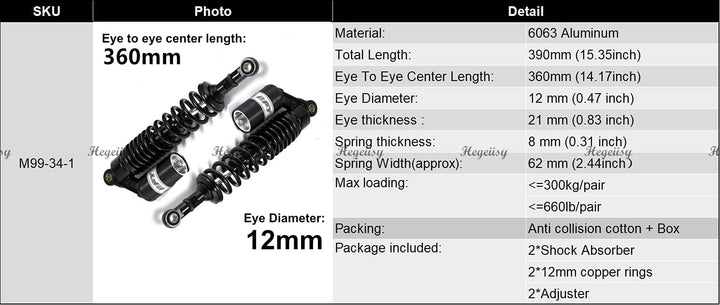 Hegeiisy 360mm 14.17 Zoll 8mm Feder Universal Motorrad Stossdämpfer Hinterradaufhängung ATV Quad Rol