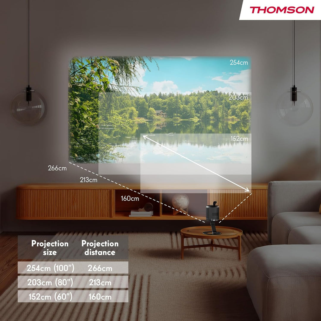 Thomson Vega PG35B Tragbarer Full HD Beamer, Smart LED Projektor mit Google TV, integriertem Akku, 3