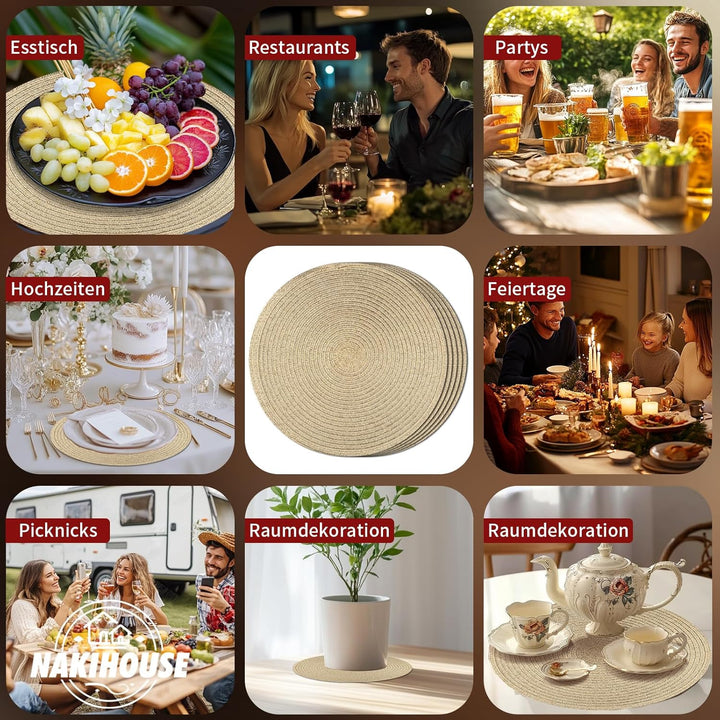 Platzsets Rund Gold Geflochten Tischsets 12er Set Hitzebeständigem Tisch Tischsets Waschbar für Küch