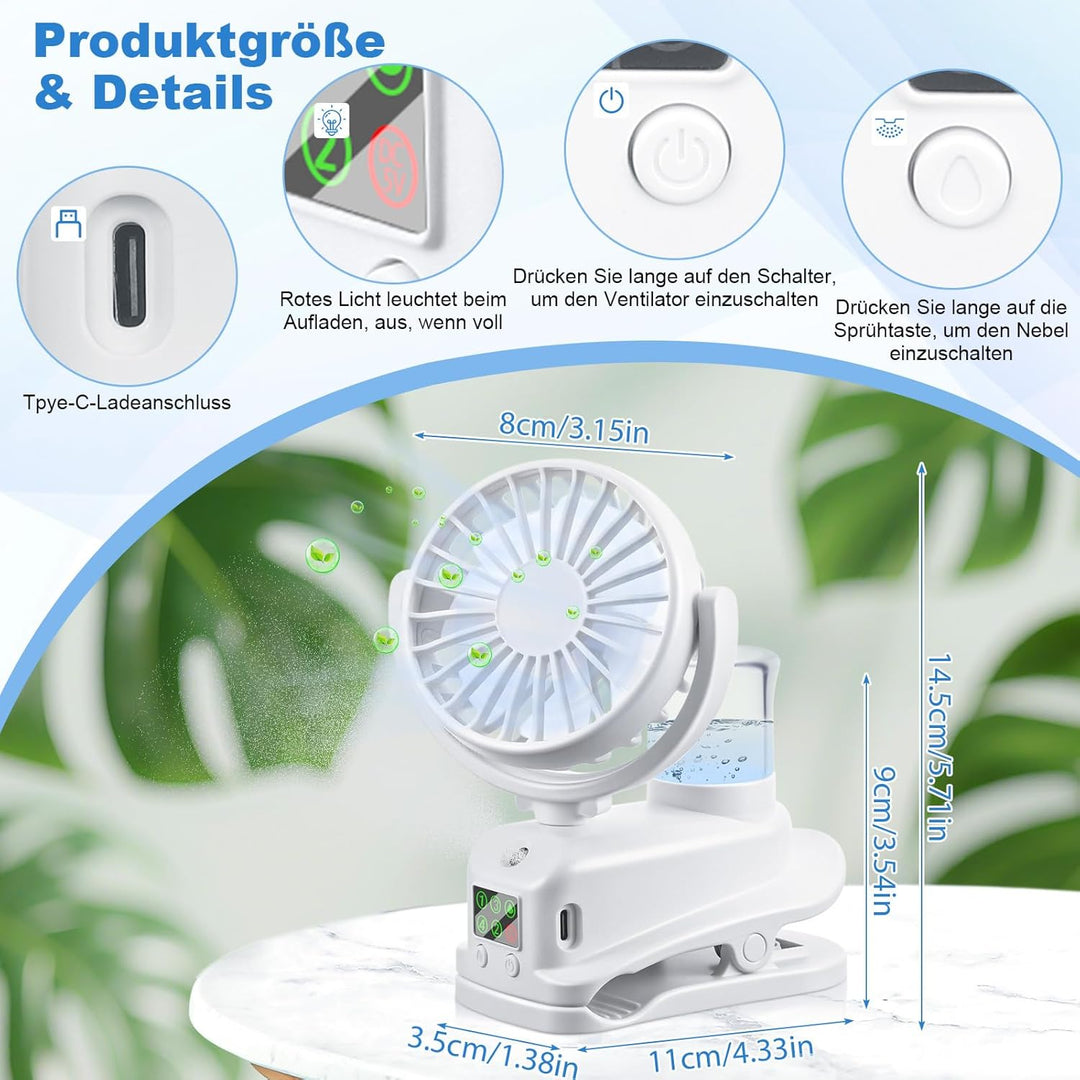 JIZZU USB Ventilator mit Wassernebel, 4 Geschwindigkeiten Wind Tischventilator mit Clip, Mini Ventil