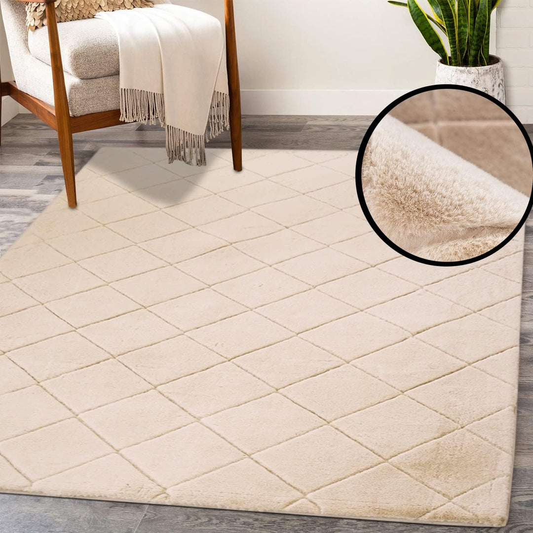 payé Teppich - Wohnzimmer Kuschwelweich 80x150cm Beige Flauschig Karo Muster Modern Deko Teppiche We