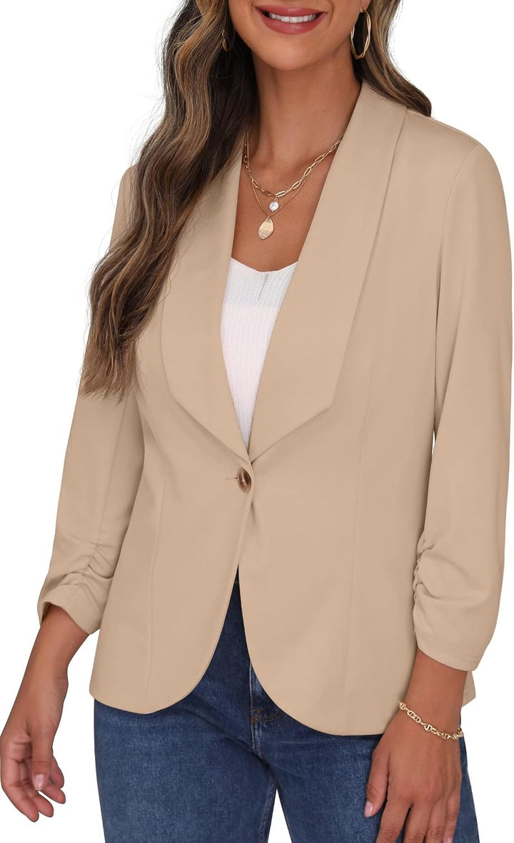 PrinStory Blazer Für Damen 3/4 Geraffte Ärmel Blazer Geschäft Büro Blazer Anzug Sportlich Jack Trenc