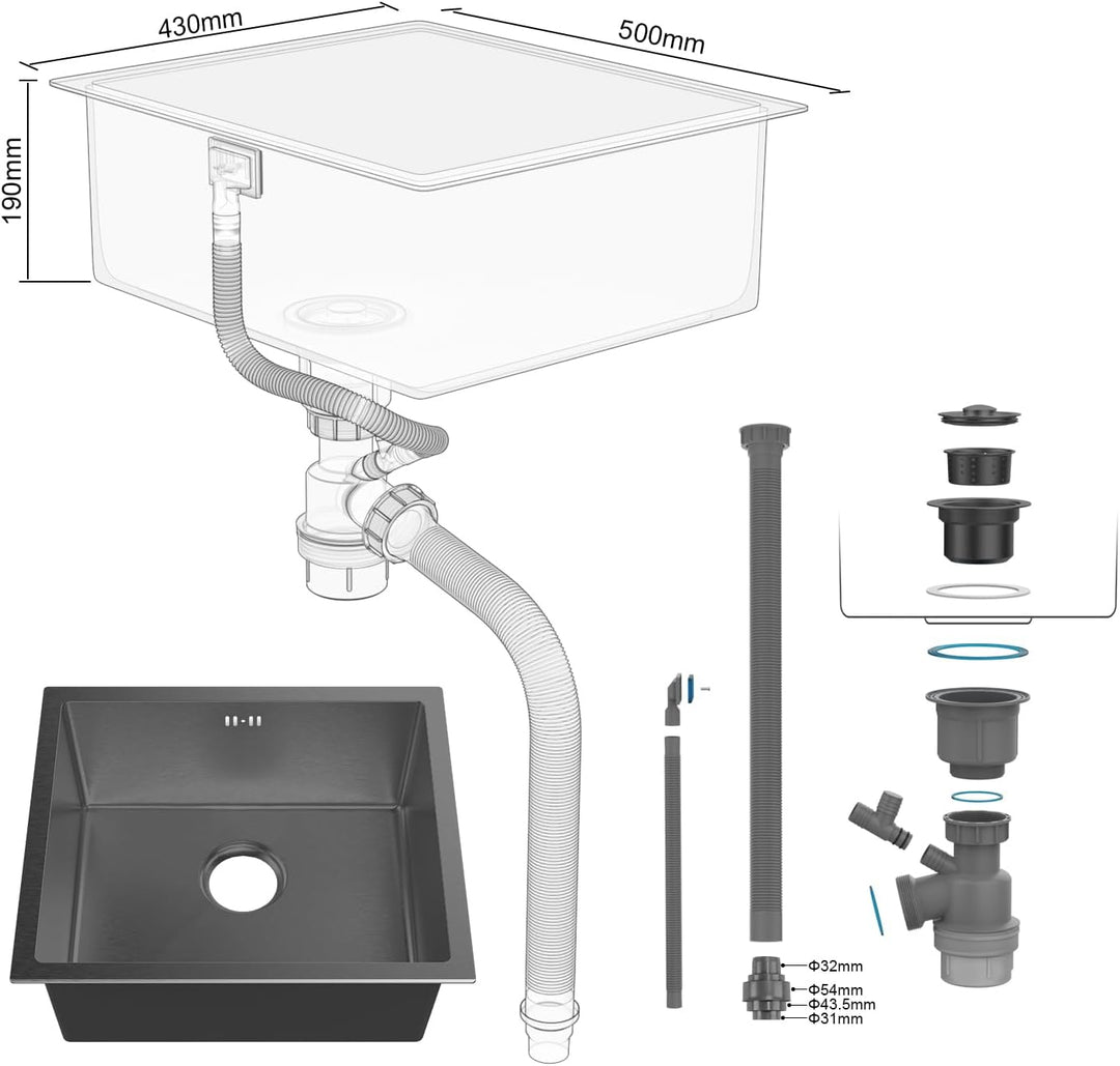 Ibergrif Spüle Küchenspülen für den Unterbau und Aufsatz, 50-43cm Unterbaubecken, Spülbecken Satin E