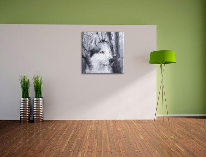 Pixxprint Wachsamer Husky Pinsel Effekt, Format: 70x70 auf Leinwand, 70x70