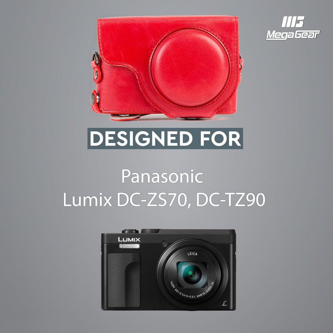 MegaGear MG1262 Panasonic Lumix DC-TZ95, DC-TZ90 Ever Ready Leder Kamera-Case mit Trageriemen - Rot,