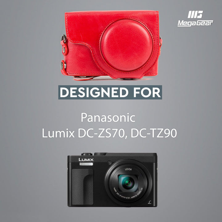 MegaGear MG1262 Panasonic Lumix DC-TZ95, DC-TZ90 Ever Ready Leder Kamera-Case mit Trageriemen - Rot,