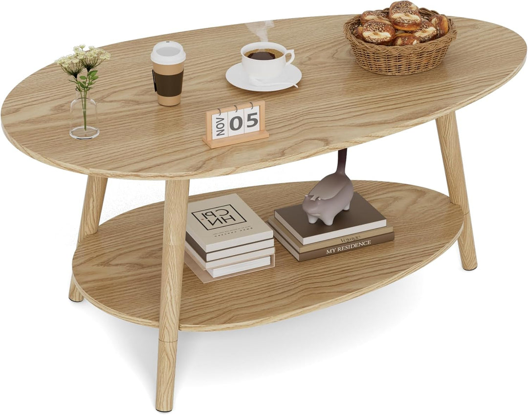 Table Basse, Massivholz Teetisch, Oval Doppelschicht Couchtisch, Runder Tisch für das Wohnzimmer, Co